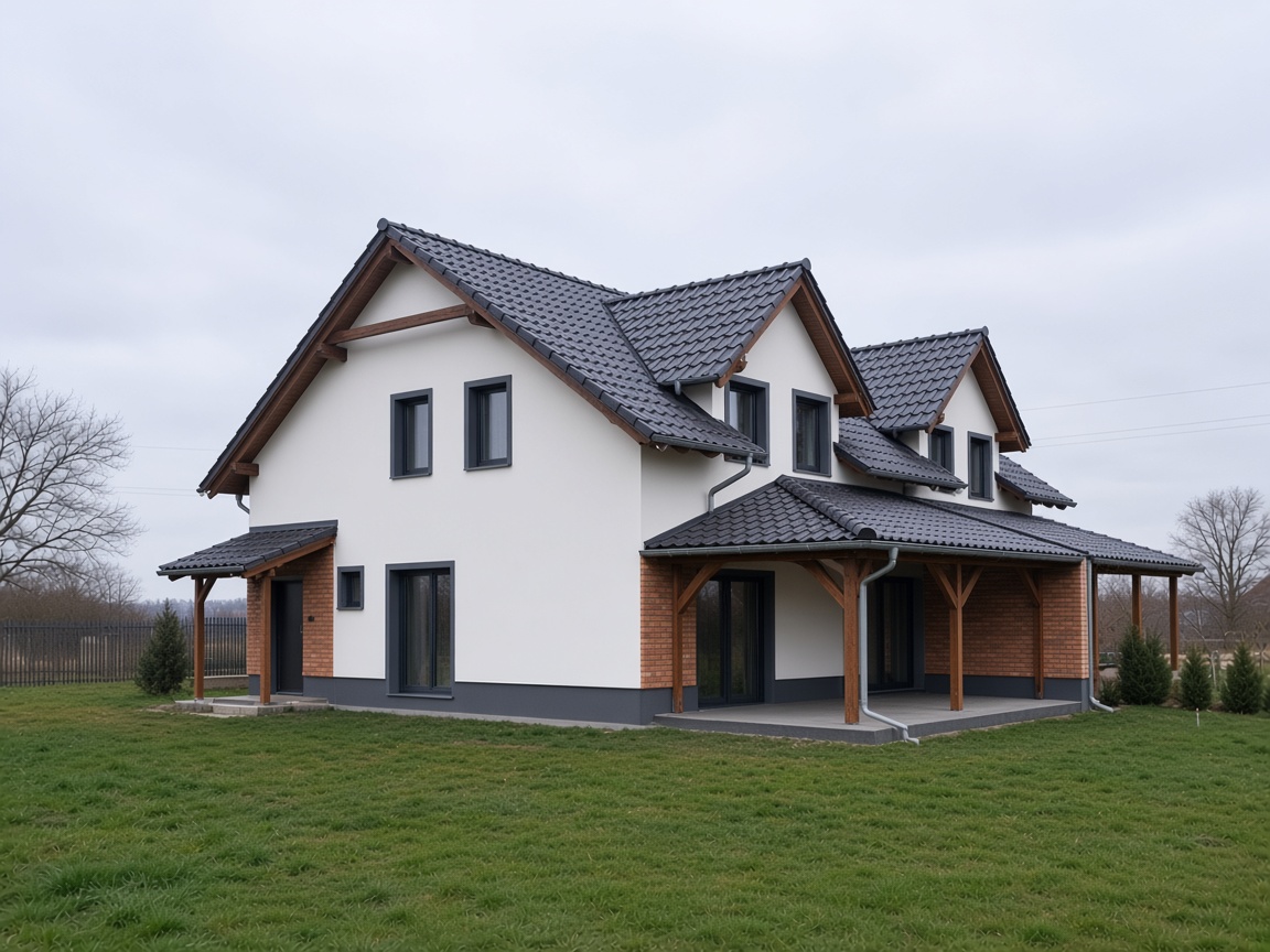 Weiß verputztes Haus mit gedämmter Fassade, dunklem Dach und neuen Fenstern