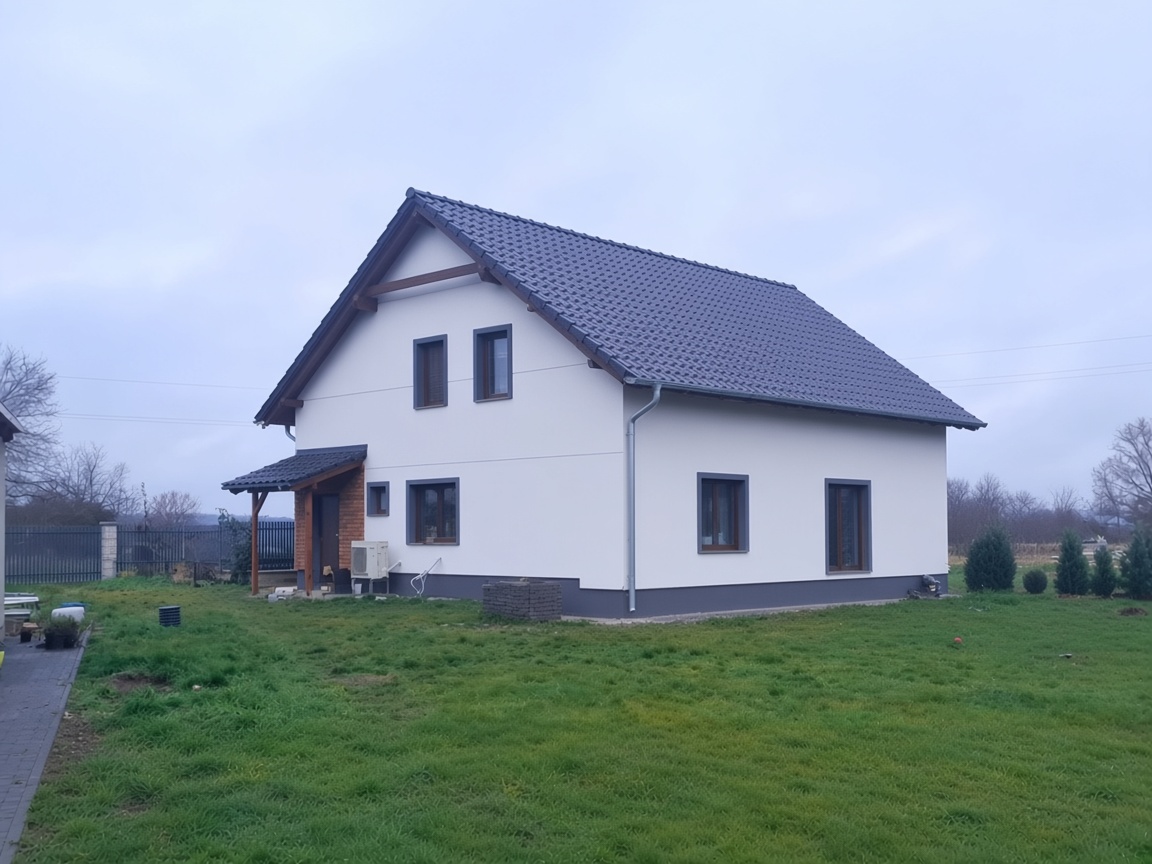 Fertig verputztes Haus mit dunklem Dach und neuen Fenstern