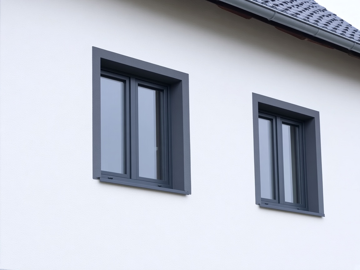 Neue anthrazitfarbene Fenster in einer frisch verputzten Fassade