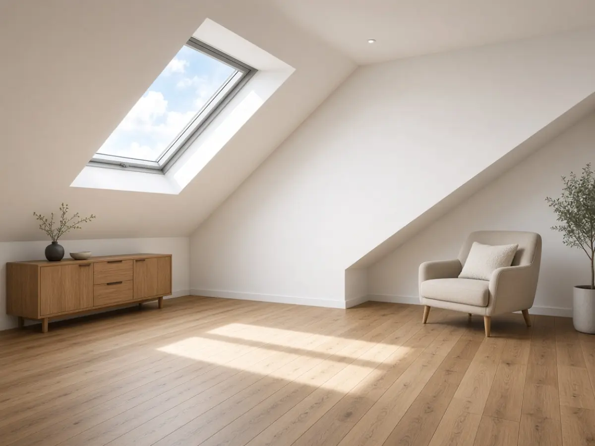 Finished loft with a roof window and lined slopes