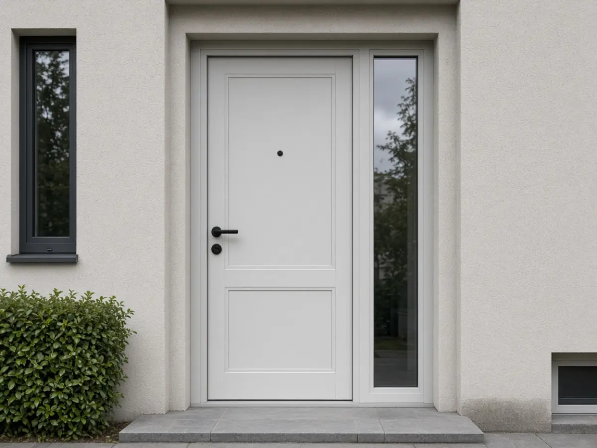 New anthracite front door between brick piers
