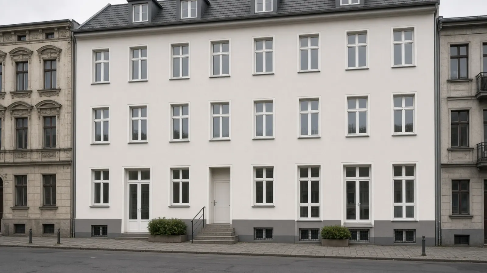 White rendered house with insulated walls, a dark roof and new windows