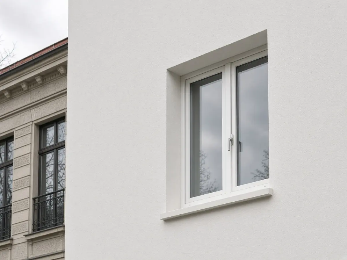 Finished white facade corner with a dark plinth after external insulation