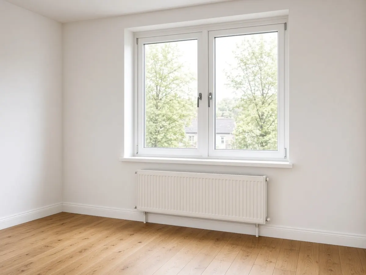 Bright living room with a new window and wood floor